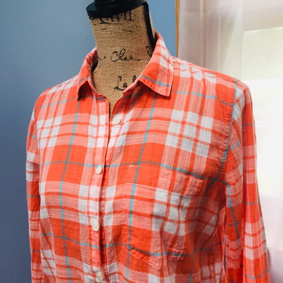 J Crew Coral Plaid Cotton Popover Top - Picture 4 of 6